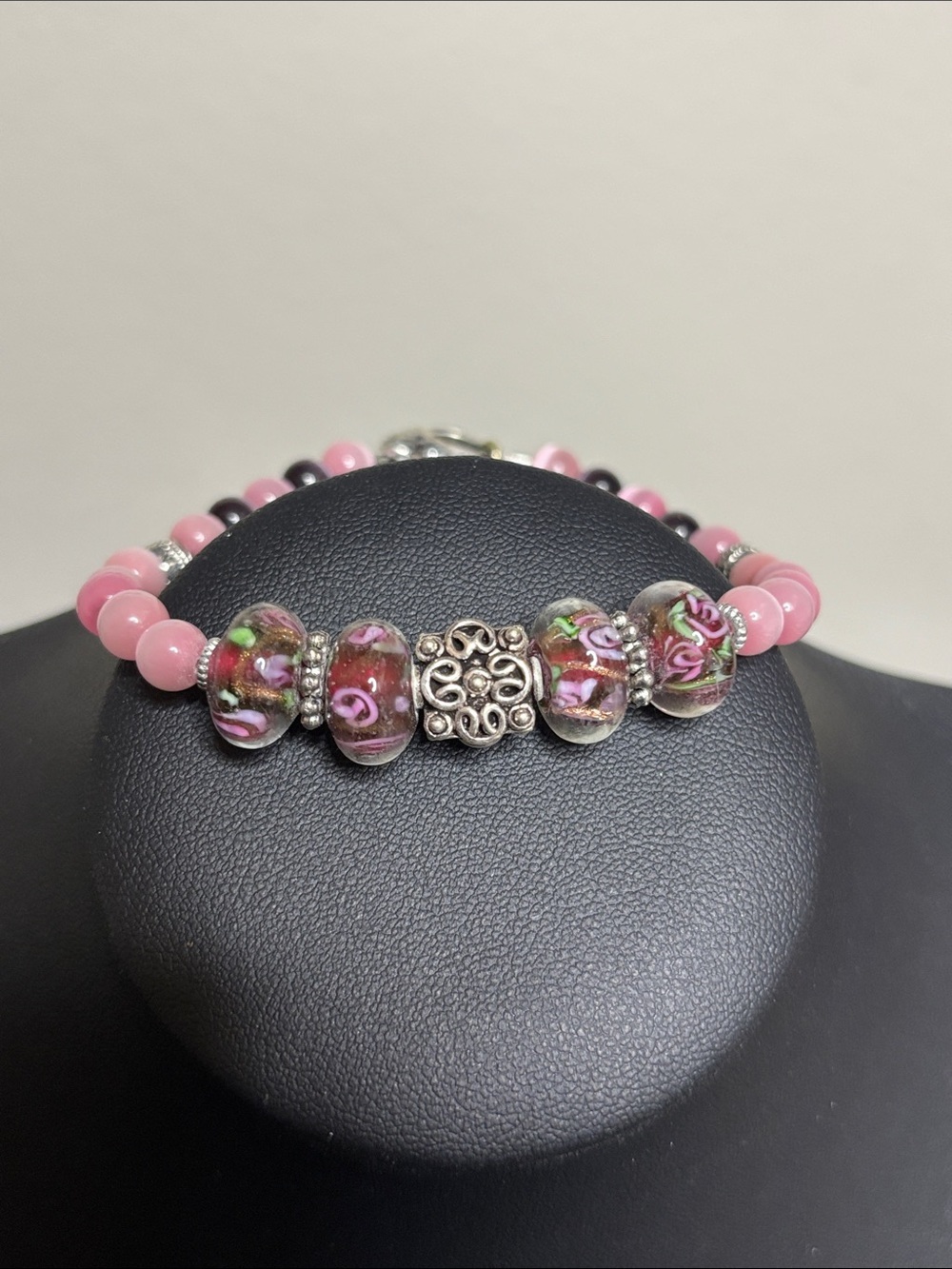 Victorian Grandma Pink Floral Glass Bead Toggle Bracelet Silver Filigree Accent